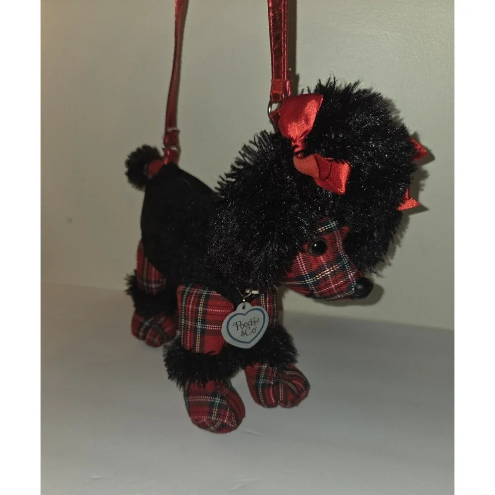 Poochie & Co Novelty Black Plush Poodle Purse Red Plaid Dog Shoulder Bag 13